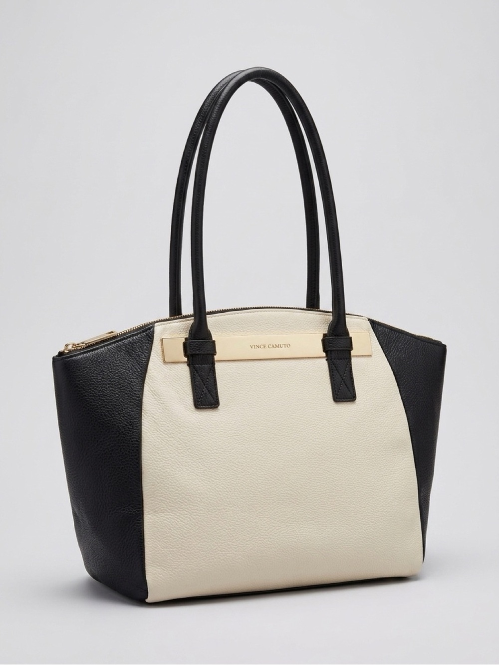 Vince Camuto Cream and Black Two-Tone Tote with Gold Accent
